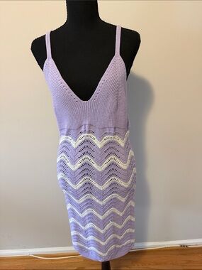 Crochet Divided Lavender and White Knit Swim Coverup Dress